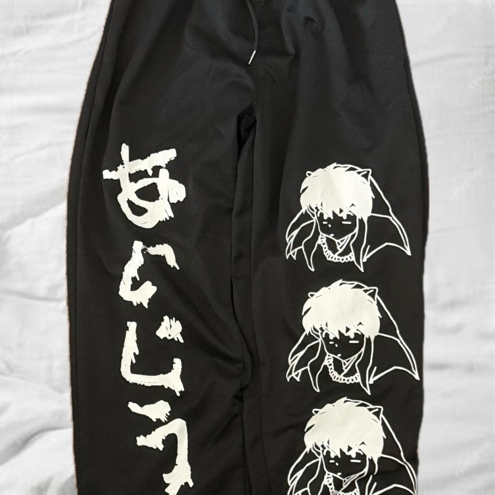Black and White Straight Leg Sweatpants with Anime Inuyasha Graphics